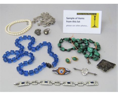 Good costume jewellery lot to include a pair of yellow metal malachite earrings and malachite bead necklace, floral micromosa