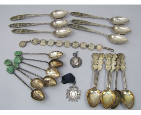 A mixed collection of eastern and other white metal to include set of six teaspoons with Chinese medallion to the handle, a f