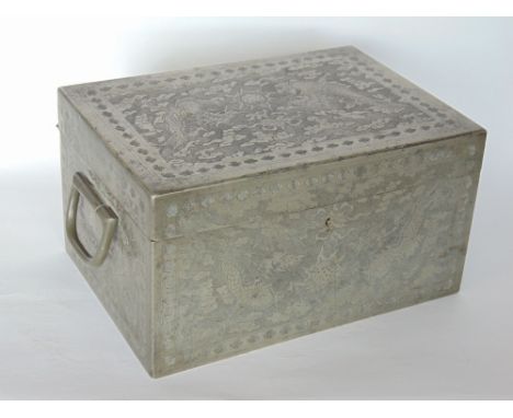 Interesting Chinese white metal tea caddy, engraved with pearl chasing dragons, the hinged lid enclosing a cedar lined interi