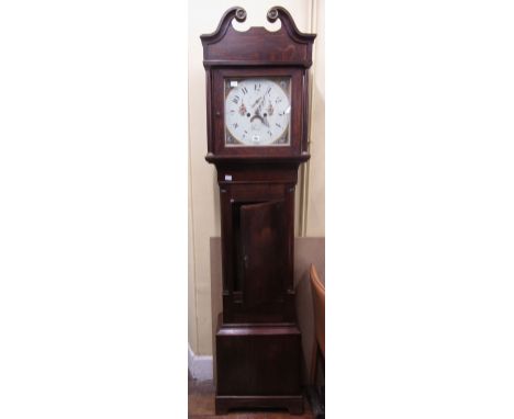 A 19th century oak longcase clock the square painted dial with floral spandrels enclosing an eight day striking movement by T