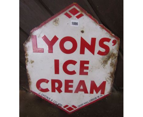 A vintage enamel advertising sign (to both sides) of hexagonal form Lyons' ice cream 50 cm max
