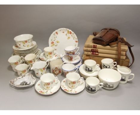 Mixed lot to include coronation china, Edwardian part tea service, Newport pottery lidded jar, 1887 Crown, cased binoculars, 