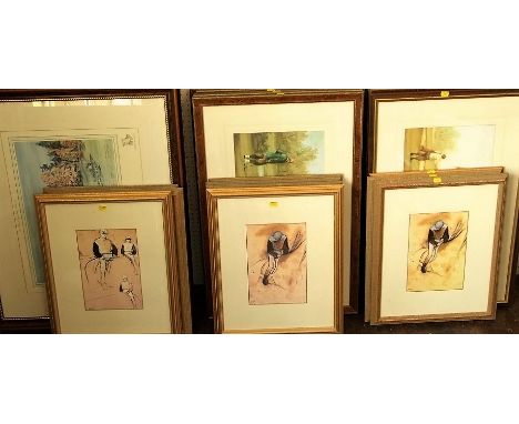 A quantity of vintage style golfing scenes, 30 x 56 cm approx in burrwood style frames, together with further golfing related