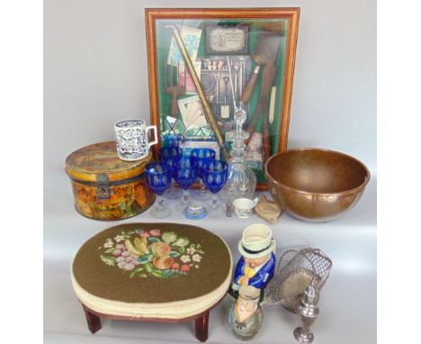 A glass cased gardening diorama set containing a collection of antique tools; together with a wool work stool, a copper basin