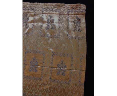 Two pairs of unlined curtains in lustrous gold fabric with woven black thread detail, approx size - first pair 2.1m drop x 1.