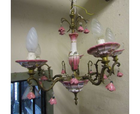 Five branch cast brass and ceramic chandelier in a pink and white colourway with applied rose bud and other floral detail, 55