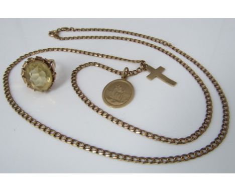 A 9ct necklace hung with a St Christopher and cross pendants, together with a 9ct dress ring, size J/K, 16.4g total