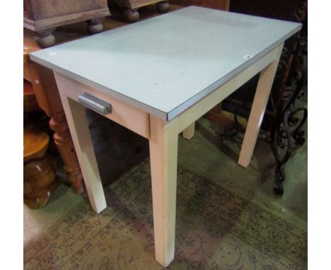 A vintage kitchen table with painted framework and pale blue melamine top, together with two Edwardian painted chests of draw