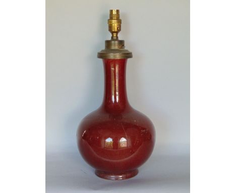 Chinese Sang Boeuf porcelain bottle neck vase, converted to a table lamp, seal mark to base, 41 cm high