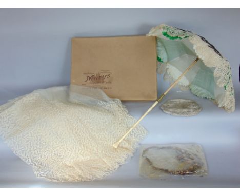 Good vintage lace wedding veil, within a Mary's of Bath box, together with an ivory handled parasol and beaded purse and flor