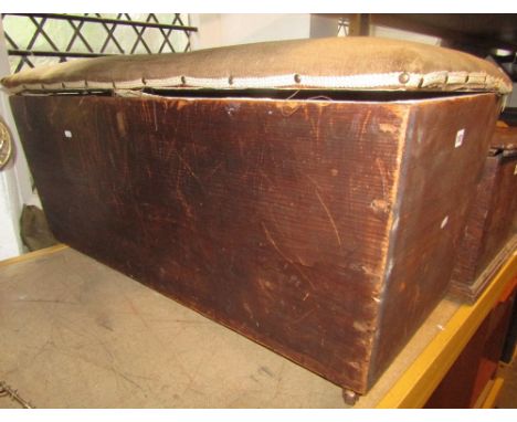 A vintage stained pine box Ottoman of rectangular and slightly tapered form with upholstered hinged lid, together with an oak