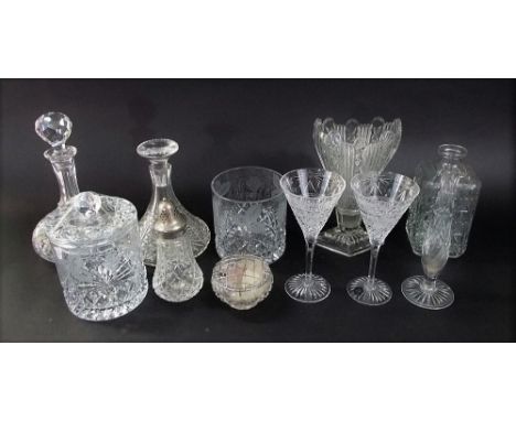 A collection of cut glass to include lidded ships decanter, biscuit barrel, jardiniere and other