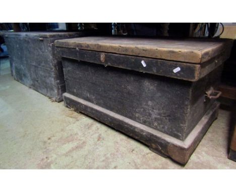 A 19th century stained pine carpenters tool chest and contents to include a selection of chisels, saw, bench vice, further as