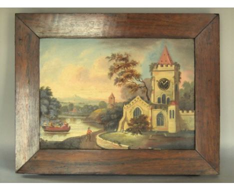 A picture clock with a rural landscape with figures and boating scene and a church, automaton windmill and music box, 32 x 45