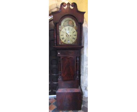 A 19th century mahogany longcase clock, the trunk with turned column supports, the hood enclosing a 35 cm broken arch painted