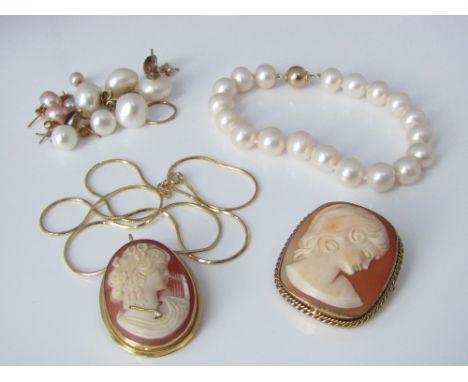 An 18ct necklace with diamond set cameo pendant/brooch depicting a lady in profile, together with a similar 9ct brooch, a cul