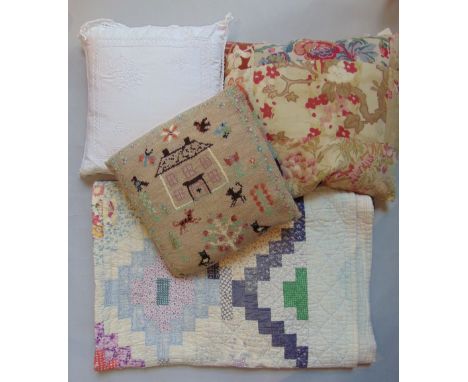 Hand stitched patchwork quilt with brushed cotton backing approx 1.9m x 1.5m, together with three vintage cushions