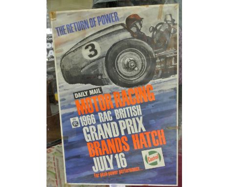 A collection of five vintage motor racing posters to include The Return of Power, Brands Hatch, RAC British Grand Prix 1966, 