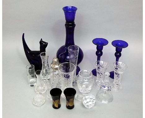 A collection of Bristol Blue glass to include a bottle neck decanter, 33 cm high, with cut stopper, together with two barley 
