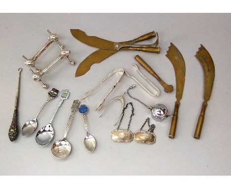 A mixed lot of silver and silver plate to include silver decanter labels, silver wishbone sugar tongs by James Swan and other