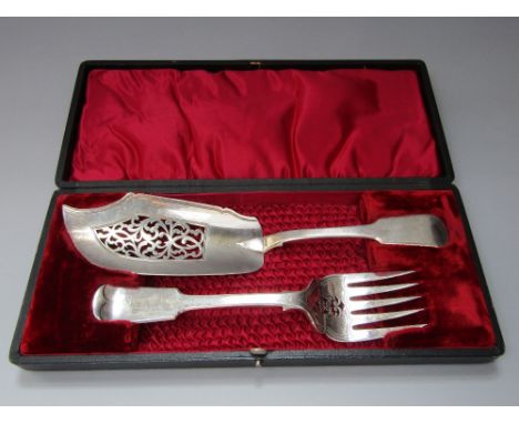 A cased, matched Victorian silver fish serving fork and knife set, different makers and date marks, 11oz approx 