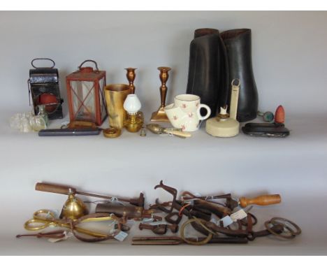 A good box of interesting items to include many hand tools, interesting metal ware, horn, porcelain and others
