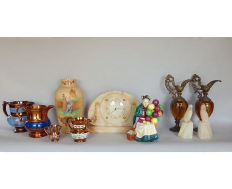 A mixed lot to include an alabaster mantle clock, a pair of alabaster parrots, a Victorian opaline glass vase painted with tw