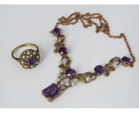 A 9ct amethyst and seed pearl drop necklace of articulated scrolling design, together with a similar 9ct ring, size M, 13.6g 
