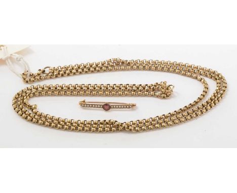 A garnet, seed pearl, and yellow-metal bar brooch, together with a rolled-gold guard chain.