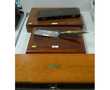 Rusnorstain horn-handled carving set, with silver collars, in stained oak case retailed by Mappin &amp; Webb; along two stain