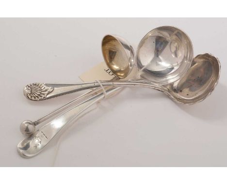 A silver ladle, with shell pattern bowl and finial (marks rubbed); and two plated ladles, one by Elkington. (3)