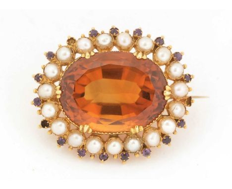 A late 19th Century citrine, amethyst, and cultured pearl brooch, on yellow-metal, 11.8g gross.