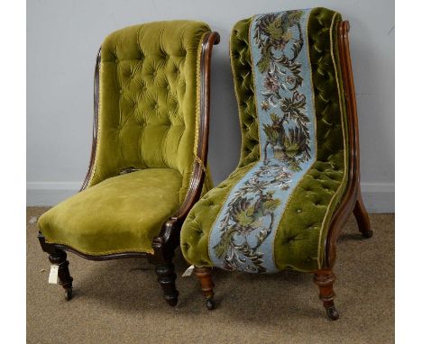 A Victorian walnut button upholstered and beadwork nursing chair; and a Victorian mahogany and button upholstered spoon back 