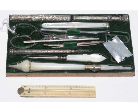A late 19th Century mother of pearl and stainless steel partial necessaire tray, including a Samuel Morden propelling pencil.