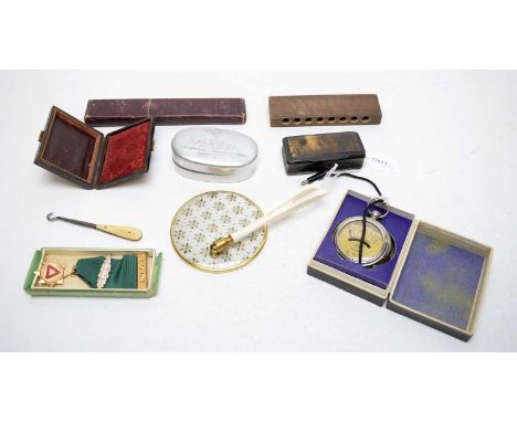 Collectors' items including; a pocket meter; snuff box; mouth organ and medal.