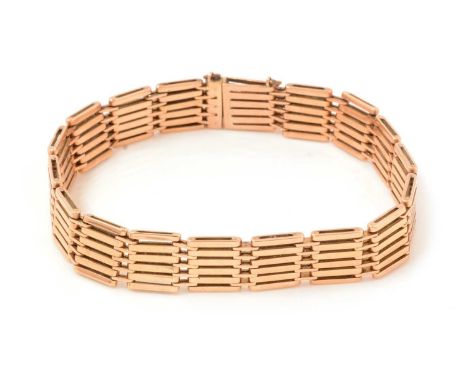 A rose yellow-metal gate-link bracelet, stamped '15', 26.2g.