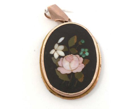 A 19th Century Pietra Dura pendant, the reverse containing a watercolour sketch of a young lady, set in yellow metal, 13.2g g