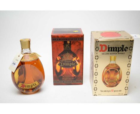 Dimple Deluxe Scotch Whisky, 15 Years Old, in box; Dimple Deluxe Scotch Whiksy, 12 Years Old, in box; and another bottle of J