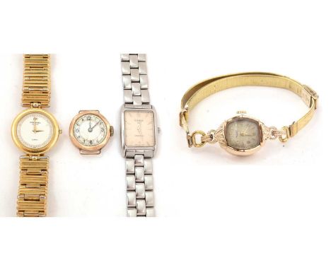 A lady's 9ct gold cased Rotary wristwatch, one further yellow-metal cased wristwatch, and two further modern dress watches.