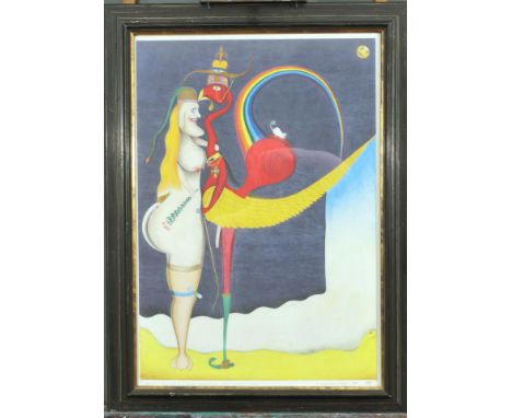 "Meta (-Physik) mit dem Hahn" - hinter Glas gerahmte Farbstiftzeichnung auf "Schoellhammer"-Papier (Stempel unten links), Abb