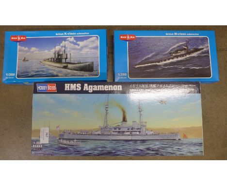 Three model ship kits including Hobby Boss, all 1:350 scale 