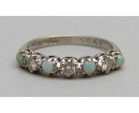 A white metal, opal and diamond ring, 2.8g, O 