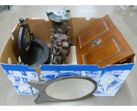 A wooden metal fronted Arts and Crafts style mirror, another wooden mirror, a carved figure, etc. **PLEASE NOTE THIS LOT IS N