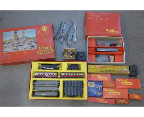 A collection of Hornby Dublo and Tri-ang model rail, carriages, wagons, track, etc. 