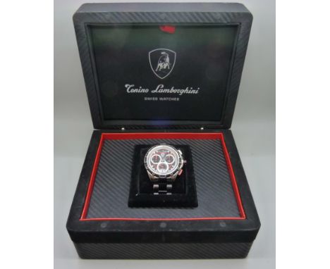 A Tonino Lamborghini chronograph wristwatch, boxed, stainless steel bracelet with extra links