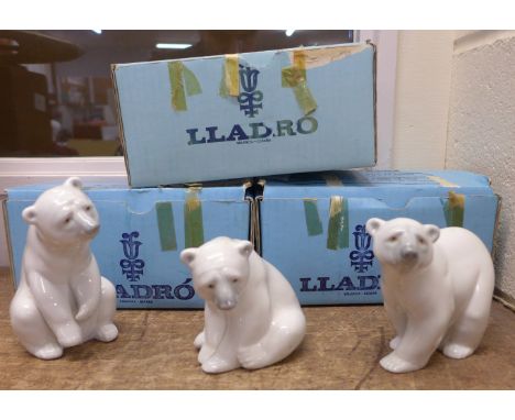 Three Lladro figures of polar bears, boxed 