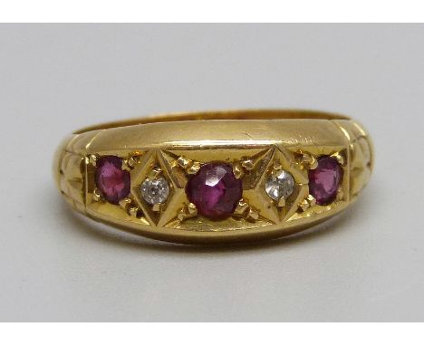 An 18ct gold, ruby and diamond ring, 3.5g, N 