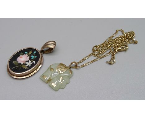 A 9ct gold chain with plated clasp, carved jade elephant pendant and a Pieta Dura locket with part yellow metal fittings, Pie