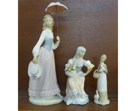 A Lladro figure of a girl holding an umbrella and two Spanish figures 