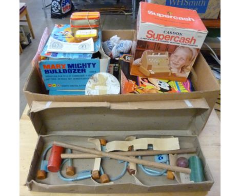 A box of children's vintage toys, croquet set, cash register and money, remote control bulldozer, etc. **PLEASE NOTE THIS LOT